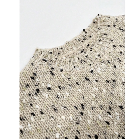 Knit Khaki Tan Pullover Sweater Glitter Gold, White and Black Threading Details - Picture 2 of 7